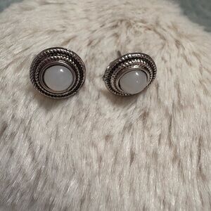 5pc Elegant Silver and White Stud Earrings and Pink Heart Studs